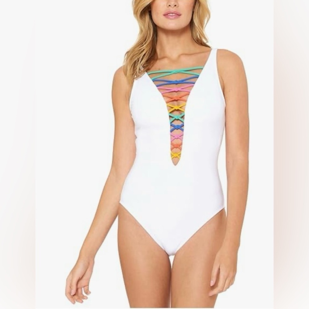 Bleu Rod Beattie White Swimsuit with Rainbow Lace Down One Piece Size 8 - Picture 2 of 8